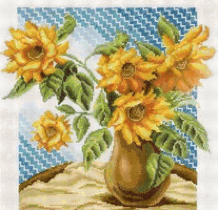 Букет подсолнухов - натюрморт, подсолнух, цветы, букет, ваза - предпросмотр
