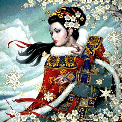 Зимняя сакура - цветок, горы, зима, цветы, девушка, япония, сакура, снежинки - оригинал