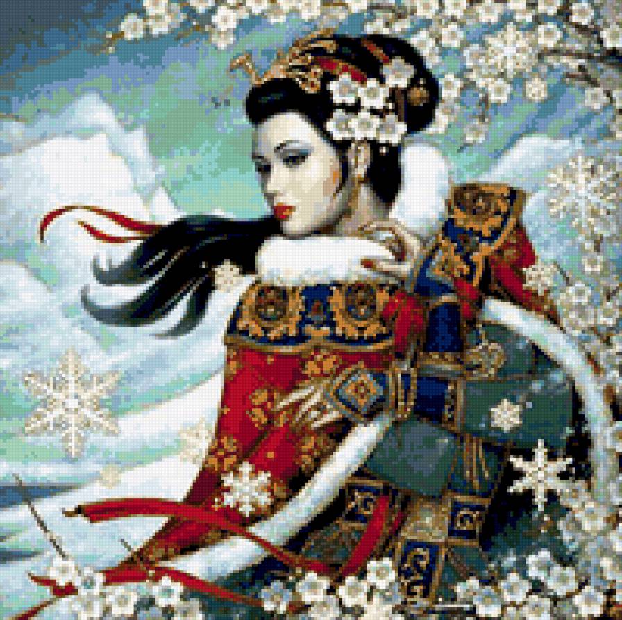 Зимняя сакура - япония, цветы, сакура, зима, цветок, снежинки, горы, девушка - предпросмотр