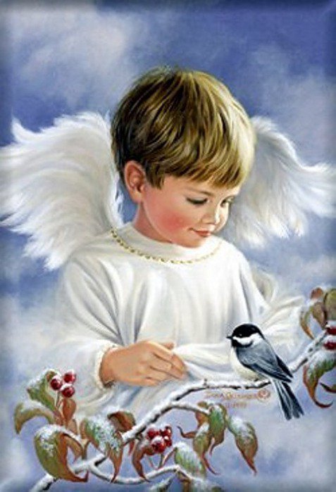 Ангел и птичка - ангел, птицы, дети, живопись - оригинал