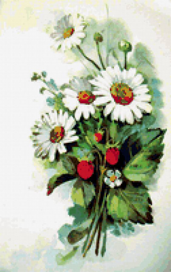 Ромашки и земляника - ягодки, цветок, ромашки, букет, флора, земляника, цветы, ромашка - предпросмотр