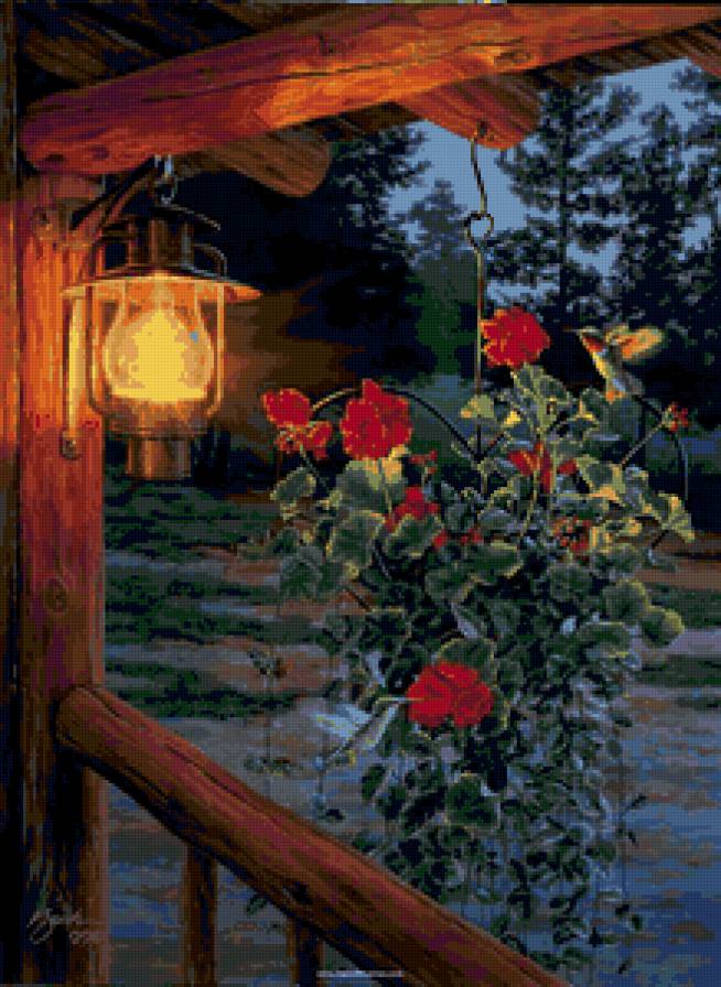 Ночная гостья - цветы, птица, фонарь - предпросмотр