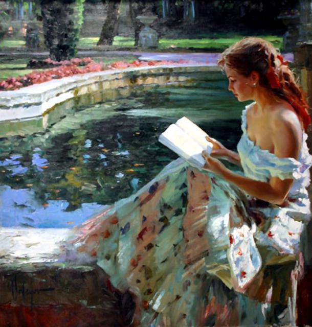 девушка у пруда с кникой - девушка, картина - оригинал