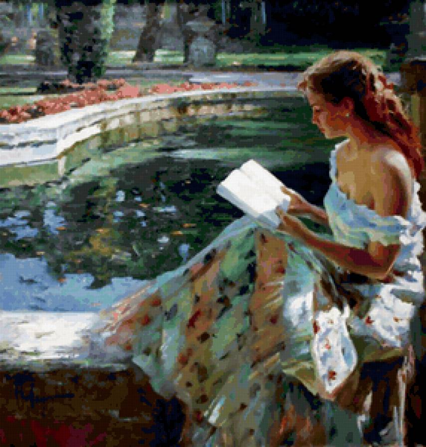 девушка у пруда с кникой - девушка, картина - предпросмотр