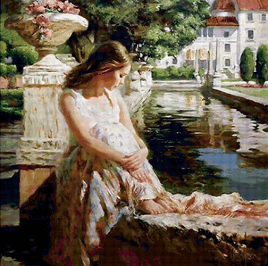 девушка у пруда в белом - девушка, картина - предпросмотр