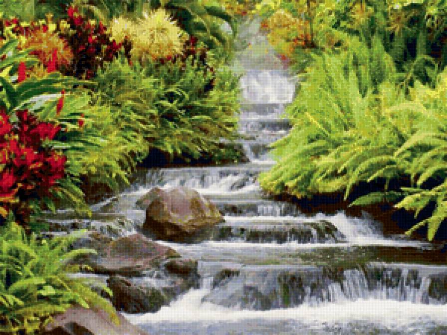 водопад - пейзаж, водопад, цветы, природа - предпросмотр