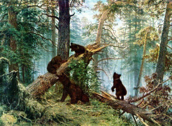 Утро в сосновом бору - медведи, живопись, пейзаж, животные - оригинал