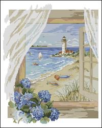 вид из окна - море, цветы, берег, маяк, окно - оригинал