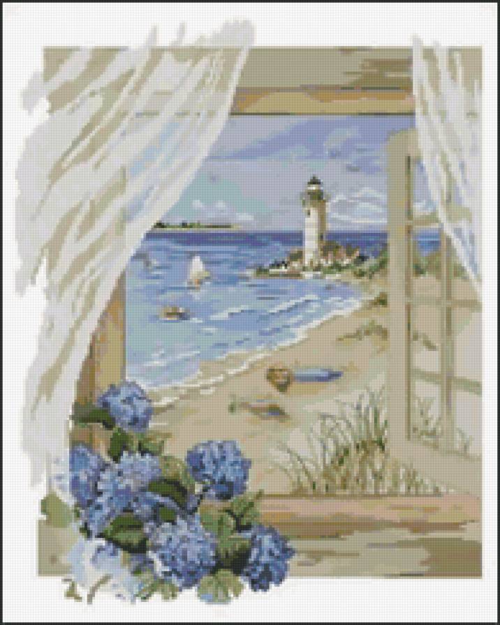вид из окна - берег, цветы, окно, море, маяк - предпросмотр