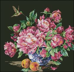 натюрморт - пионы, птица, персики, ваза, цветы, натюрморт - оригинал