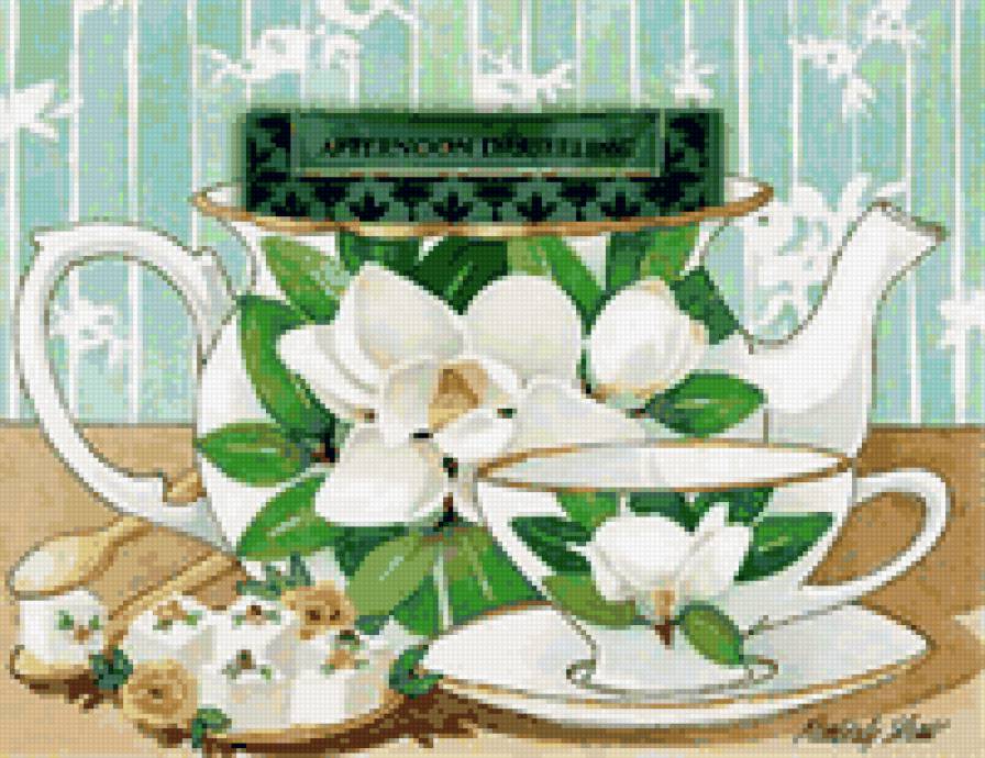 Чаепитие - магнолия, чаепитие, чайник, для кухни, цветы, натюрморт, фарфор - предпросмотр