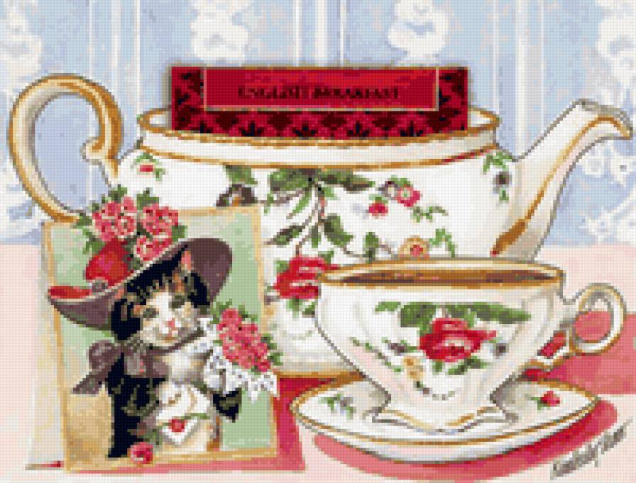 Чаепитие - цветы, чайник, кошка, фарфор, натюрморт, чаепитие, для кухни - предпросмотр