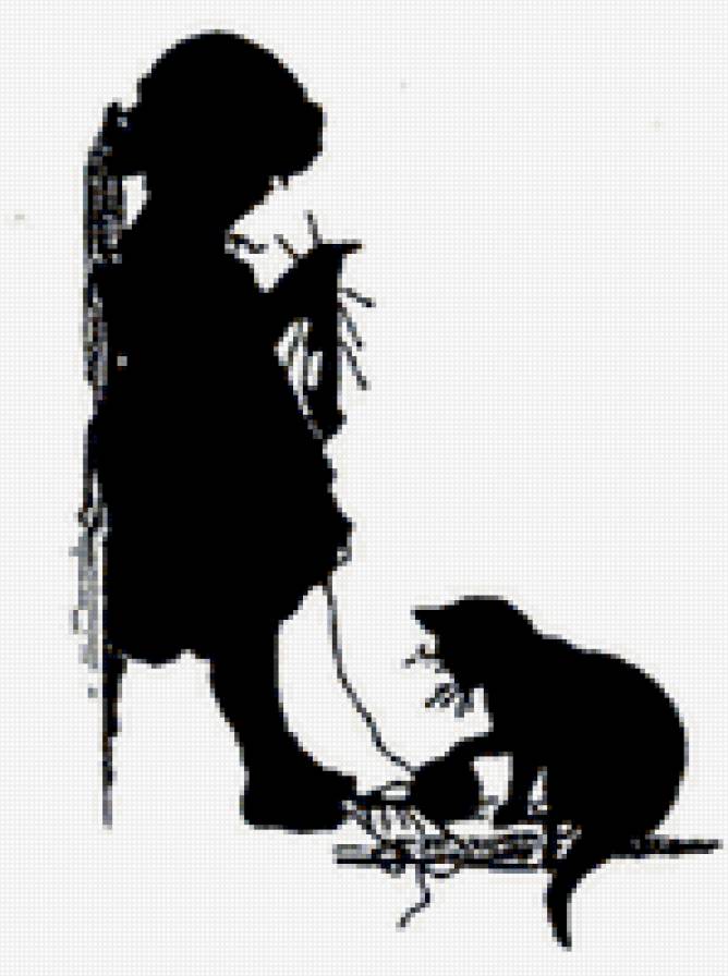 Силуэт. Девочка и кот. Е. Бём - девочка, кот., силуэт - предпросмотр