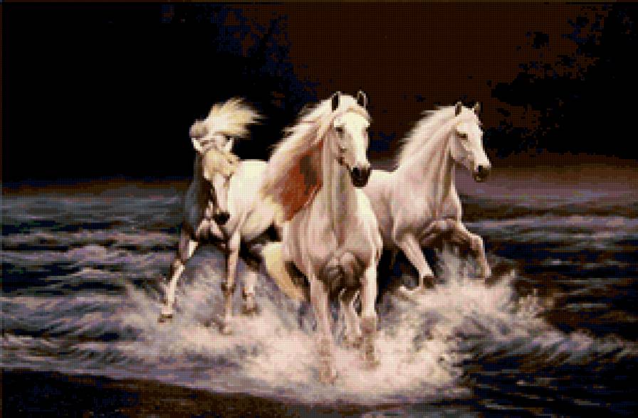 три коня - кони, река - предпросмотр