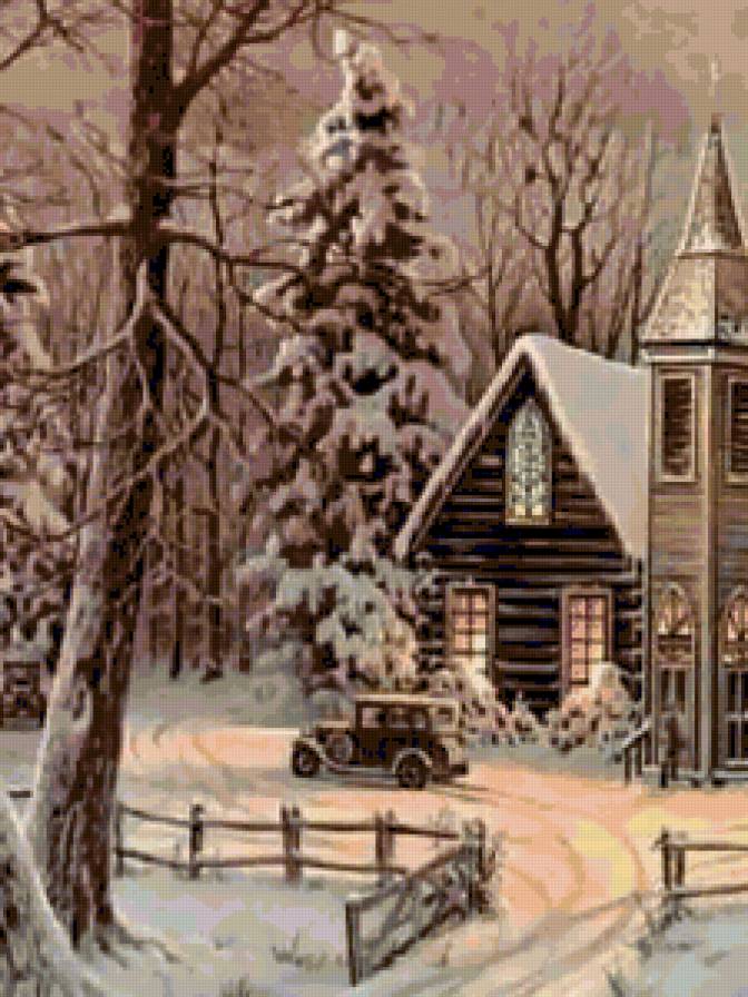 Зимний пейзаж - машина, пейзаж, зима, дом - предпросмотр