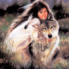 Оригинал схемы вышивки «Девочка и волк» (№7947)