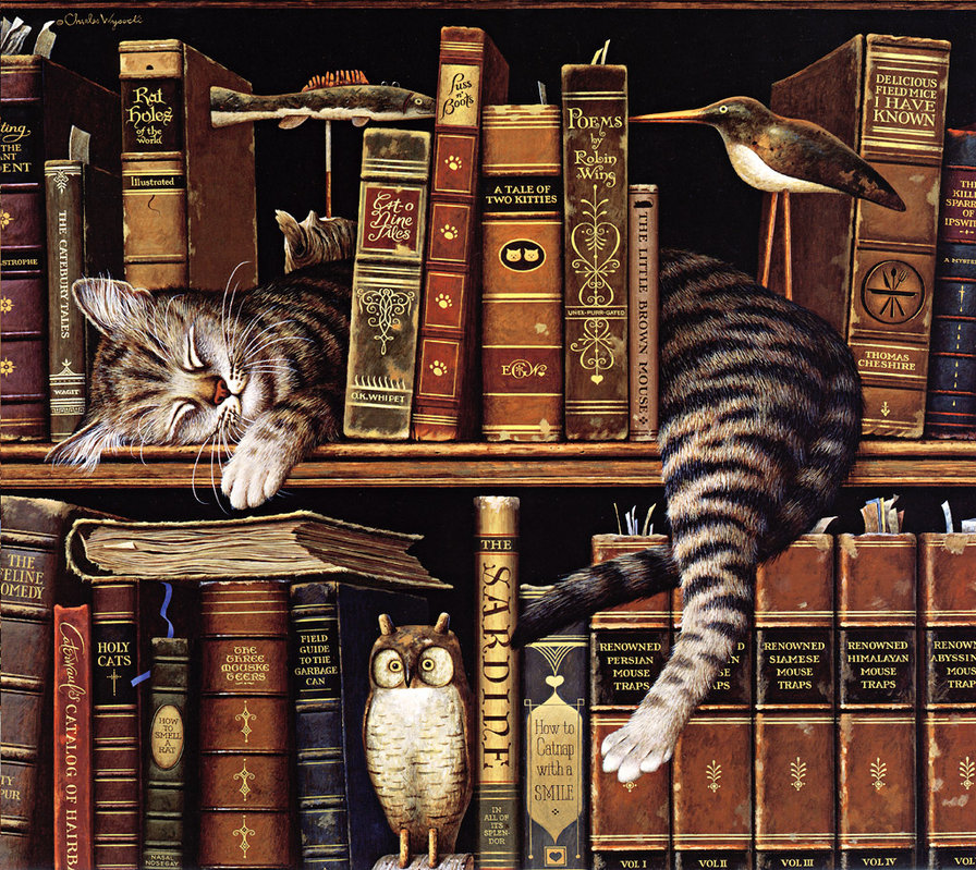 Книголюб - картина, кот, книги - оригинал