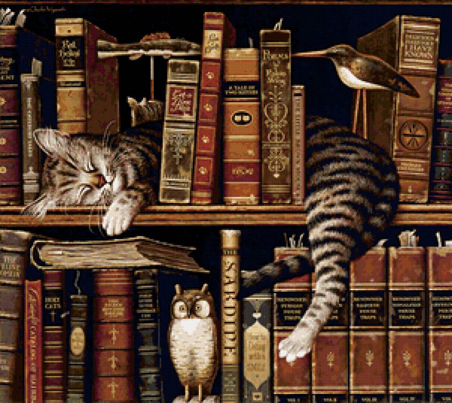 Книголюб - картина, кот, книги - предпросмотр