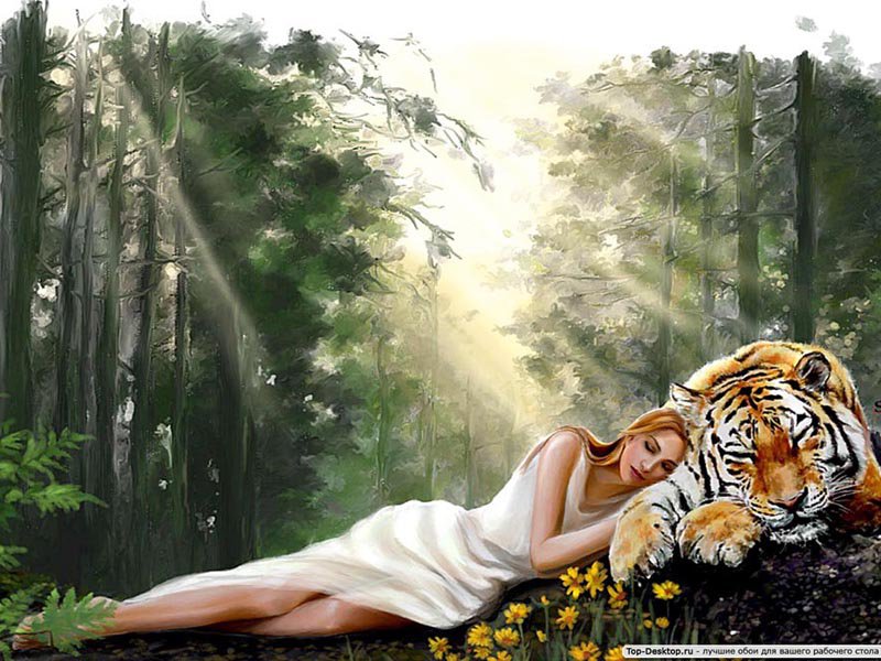 девшка и тигр - девушка, картина, тигр - оригинал