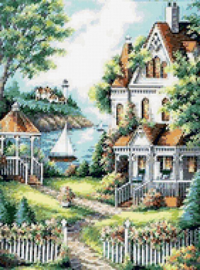 пейзаж - парусник, домик, река - предпросмотр