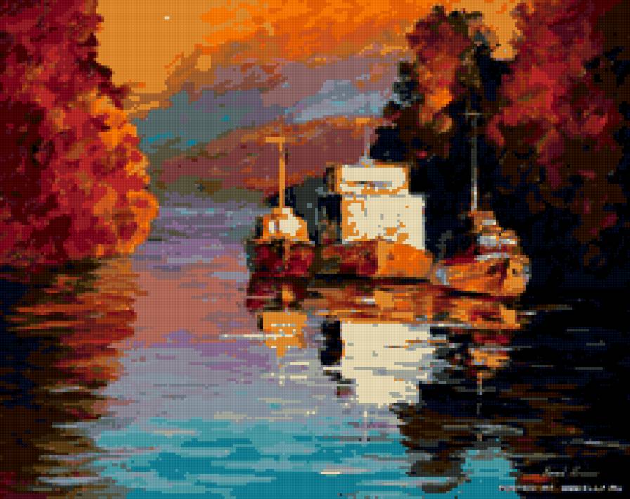 №8102 - корабли, река, живопись, природа - предпросмотр