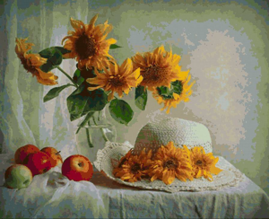 подсолнухи - натюрморт, шляпка, подсолнухи, яблоки - предпросмотр