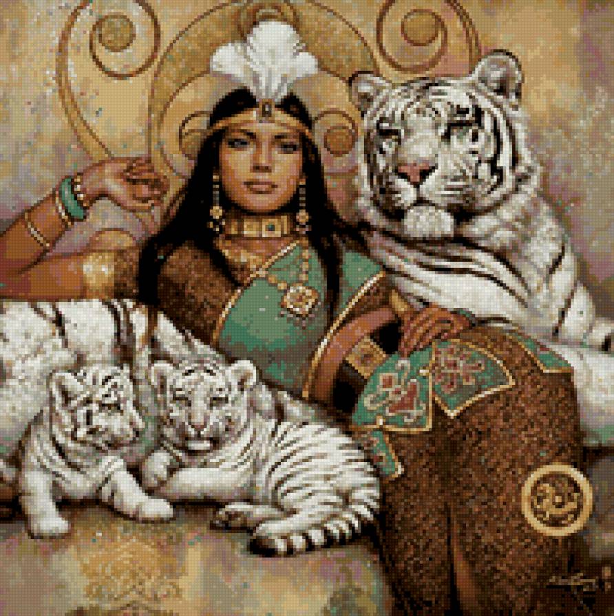 живопись - женщина, тигры - предпросмотр