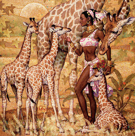 живопись - жирафы, женщина - оригинал