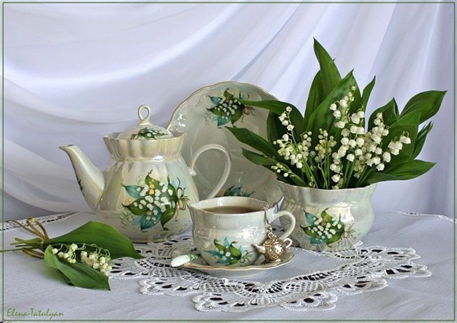 Ландыши - цветы, натюрморт, букет, сервиз - оригинал