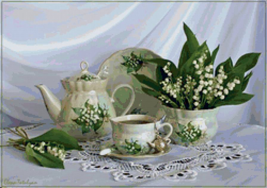 Ландыши - сервиз, букет, натюрморт, цветы - предпросмотр