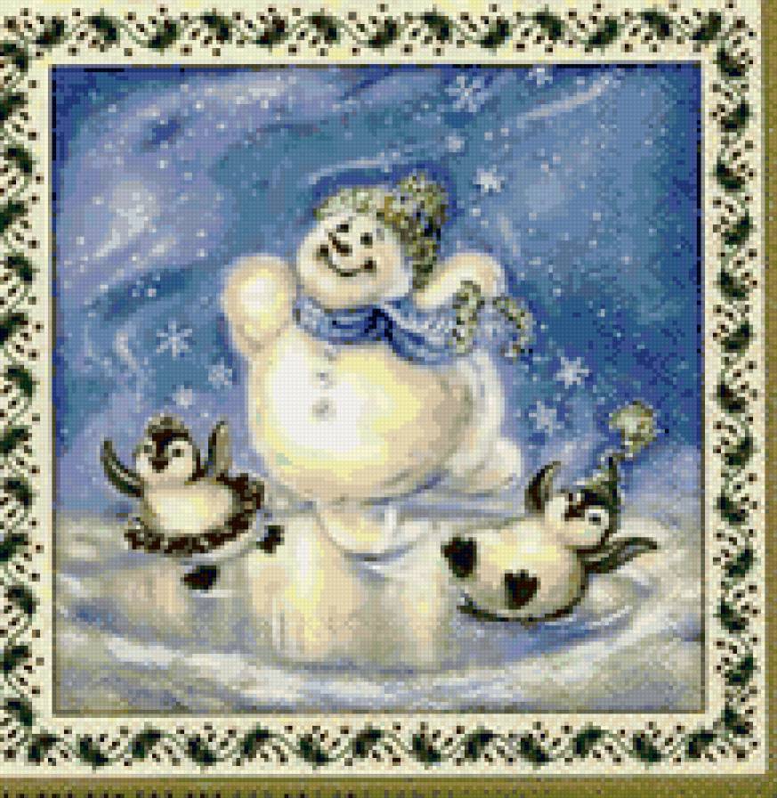 Новогодняя подушка - подушка, пингвины, снеговик, узор, рождество, снежинки - предпросмотр