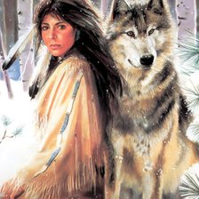 Оригинал схемы вышивки «девушка и волк» (№10373)