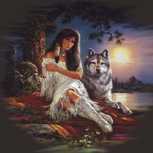 Оригинал схемы вышивки «девушка и волк» (№10384)