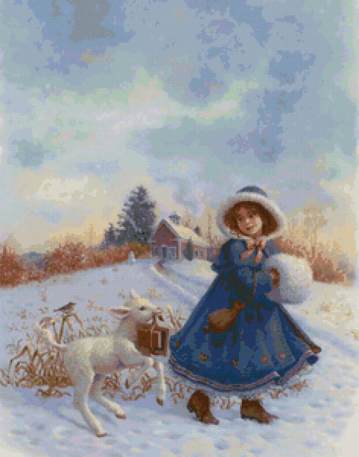 Серия "Очаровашки" - девочк, зима, домик, дети, пейзаж, овечка, животные - предпросмотр