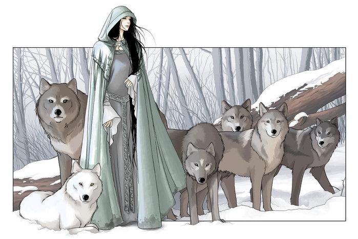 Лесная колдунья - природа, животные, волки, фэнтези, девушка, колдунья - оригинал