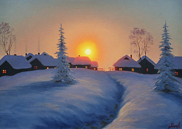 зимний пейзаж - природа, деревня, зима, закат, пейзаж - оригинал