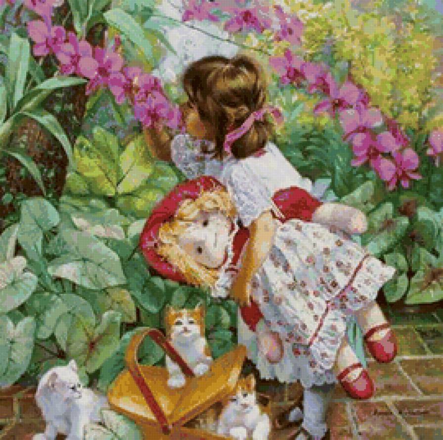 девочка с куклой - цветы, девочка, сад, кукла, дети - предпросмотр