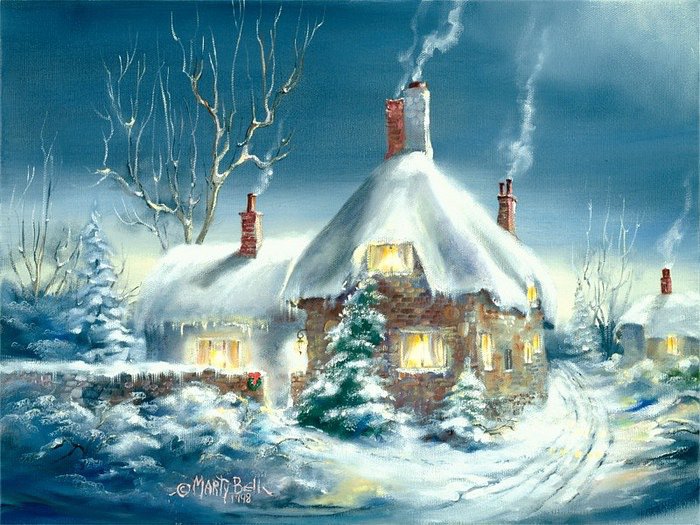 Зимний вечер - живопись, дома, пейзаж - оригинал
