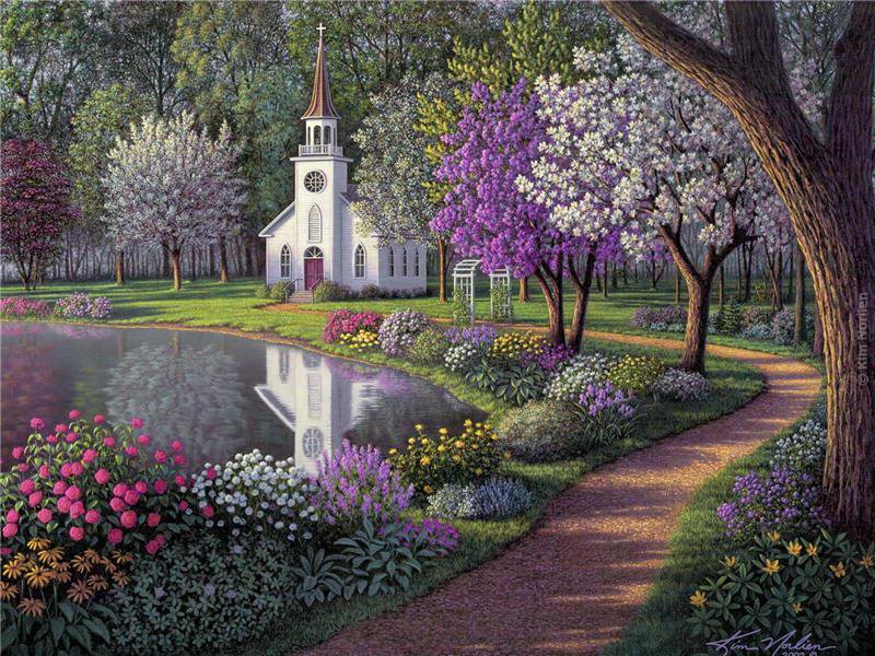 спокойствие - цветы, дерево, озеро, пейзаж, церковь - оригинал