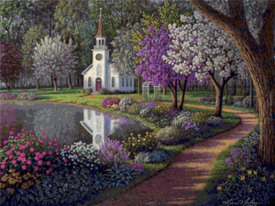 спокойствие - озеро, цветы, дерево, пейзаж, церковь - предпросмотр