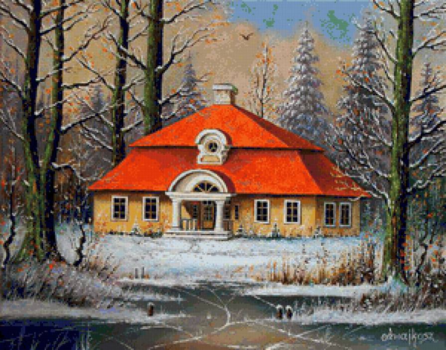 Красивая картина) - природа, домик, картина - предпросмотр