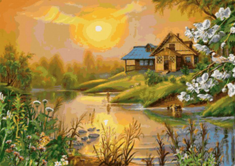 Дом у реки - дом, река, пейзаж - предпросмотр