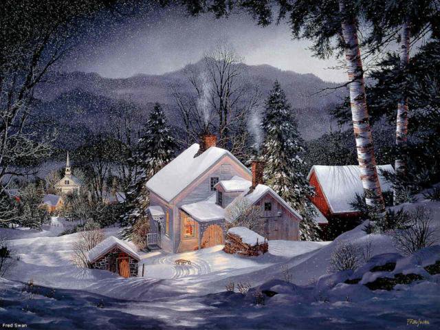 Зимний пейзаж - деревенька, пейзаж, зима - оригинал