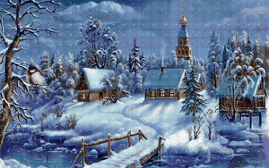 зимний пейзаж - дом, ночь, зима, пейзаж, снег - предпросмотр