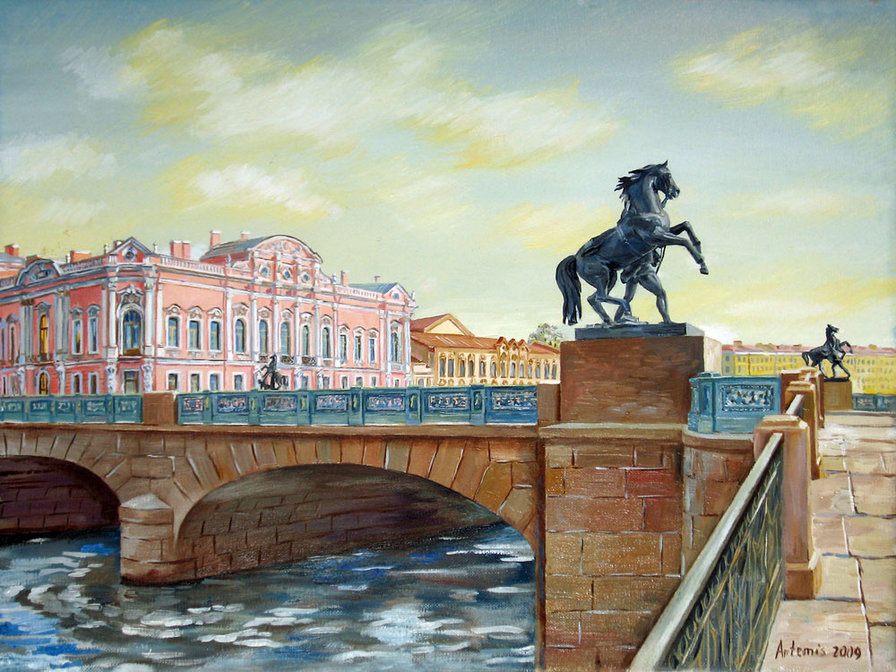 Мост на Неве - лошади, река, мост, животные, пейзаж - оригинал