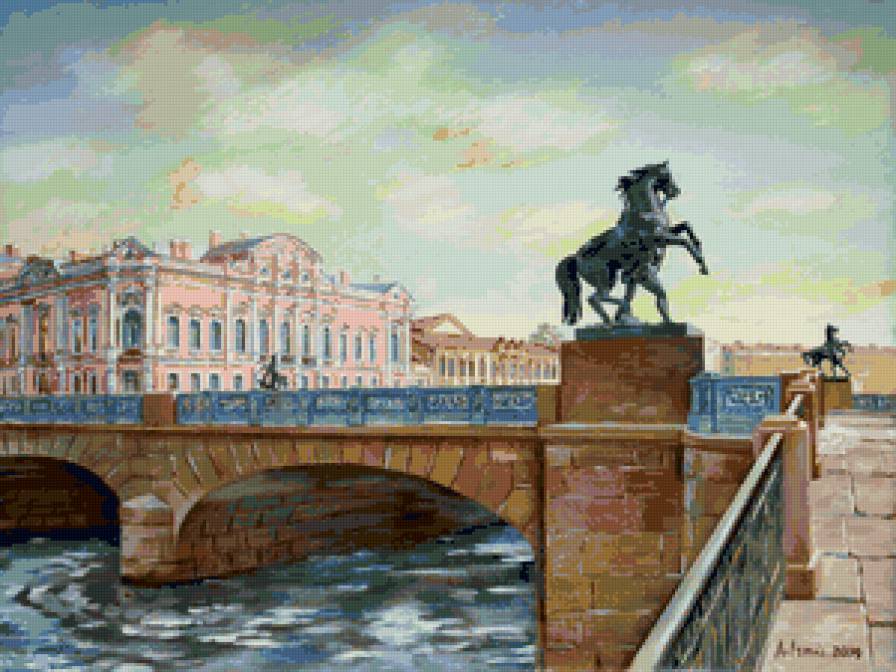 Мост на Неве - лошади, река, мост, пейзаж, животные - предпросмотр