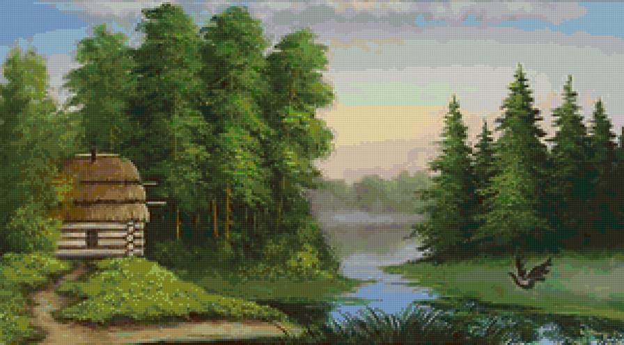 Домик у реки - домик, лето, река, пейзаж, птицы - предпросмотр