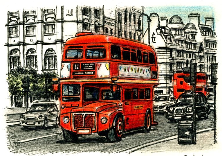 Лондон - живопись, пейзаж, автобус, город - оригинал