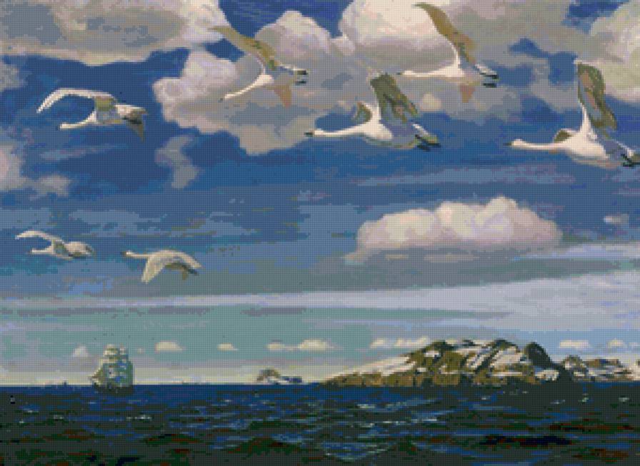 В голубом просторе - картина, море, живопись, природа, птицы, пейзаж, небо - предпросмотр