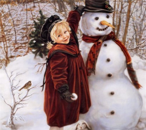 девочка и снеговик - дети, снеговик, девочка, зима - оригинал